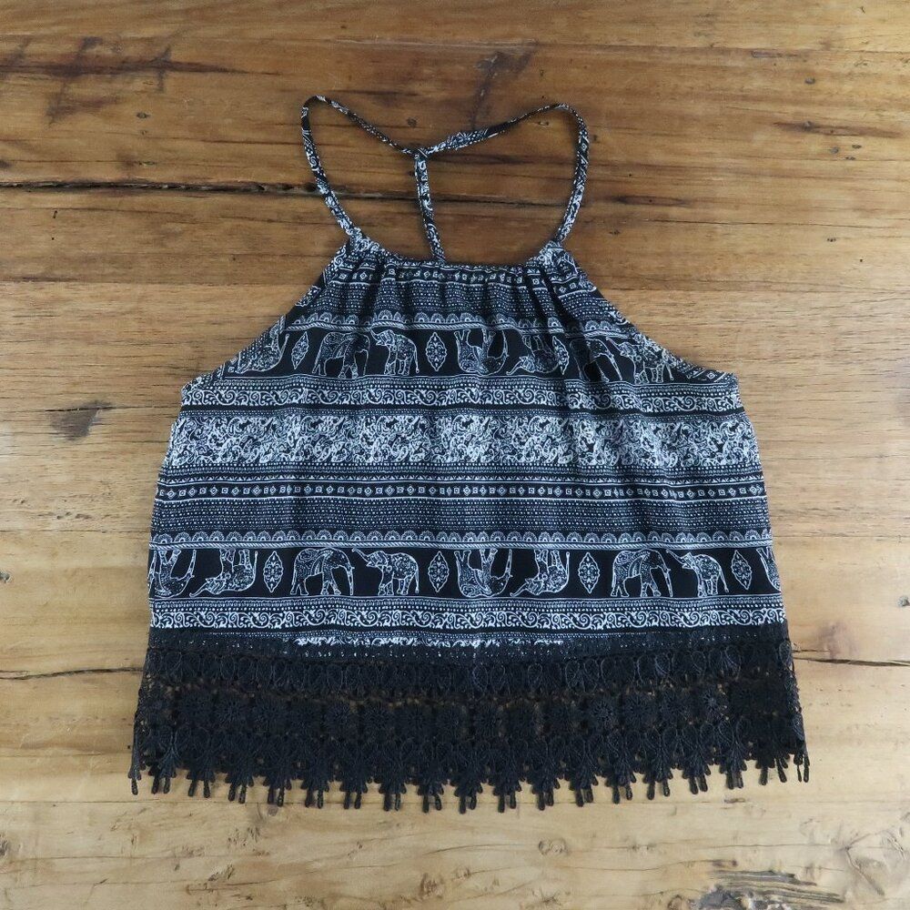 LA HEARTS BLACK WITH INDIA ELEPHANT PRINT SUMMER SLEEVELESS TOP SIZE XS